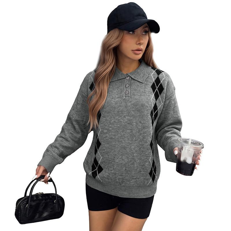 New Street-style Loose Diamond-pattern Polo-neck Knitted Sweater