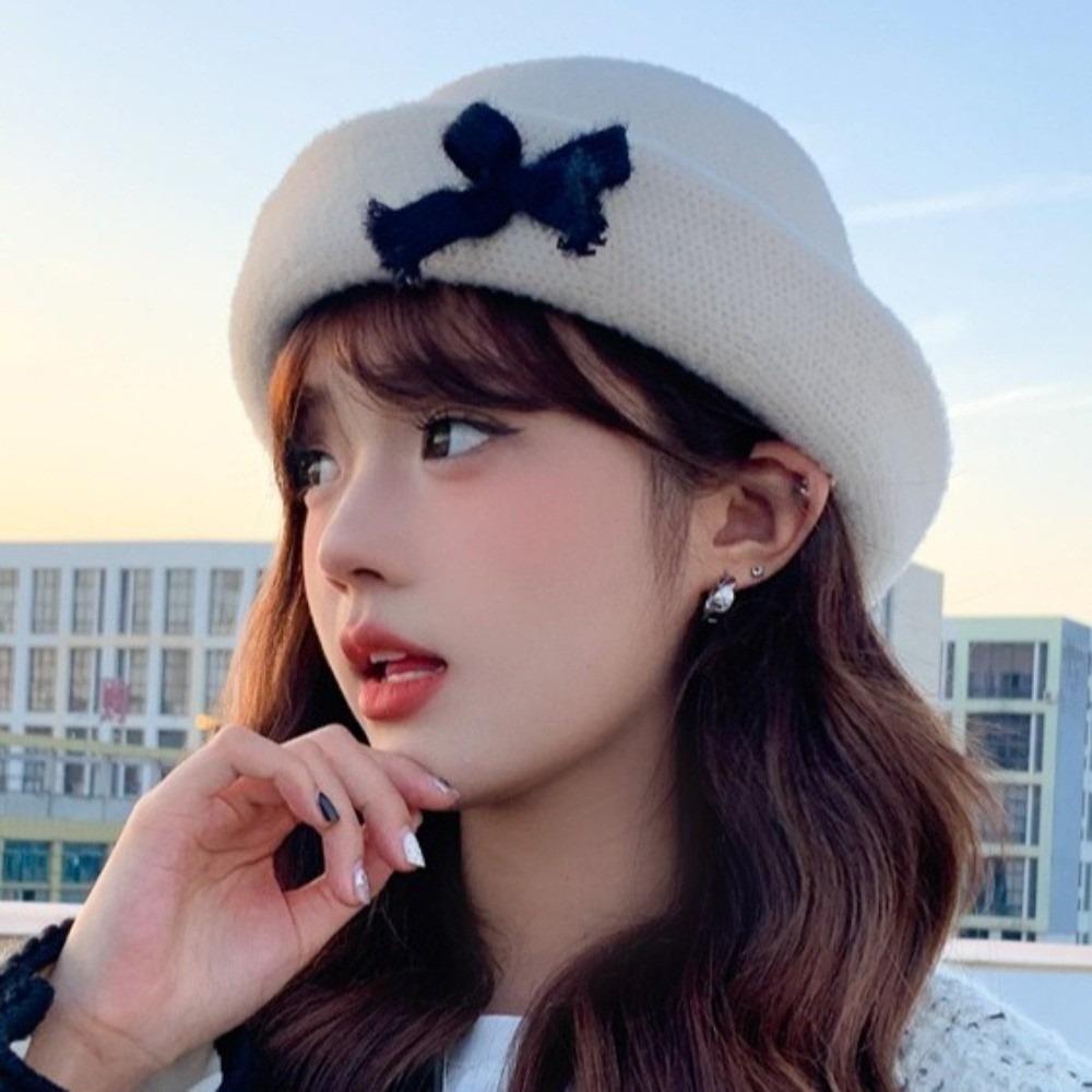 Solid Color Woolen Fishing Cap Korean Style Women Bucket Hat Sweet Bow Bucket Cap Girls