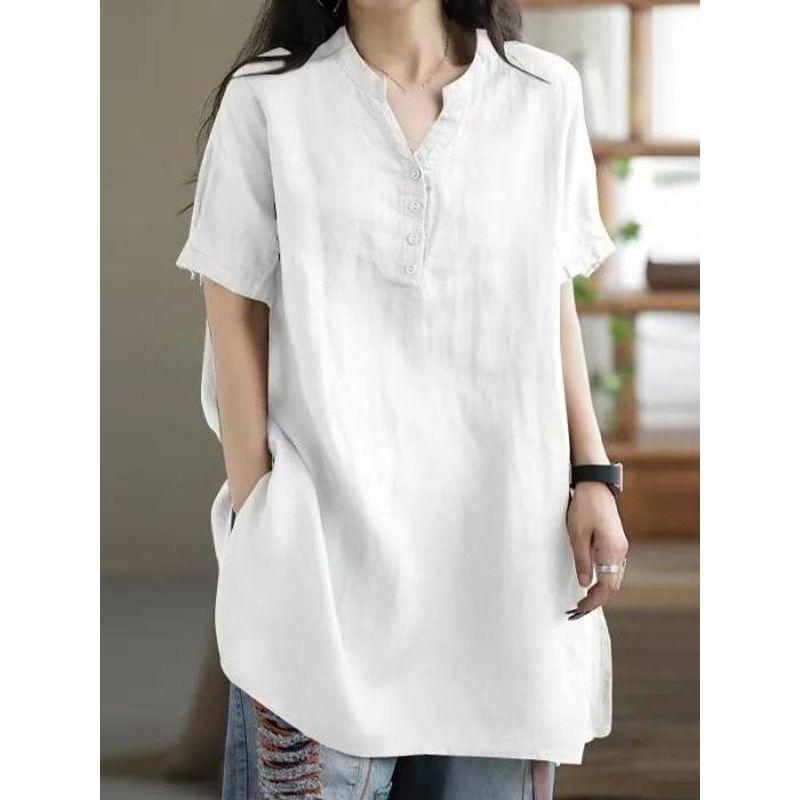 Middle-Aged Mother Cotton V-neck Short sleeve Shirts Women Summer Plus size Loose Slimming Western Style Mid-Length T-shirt Top