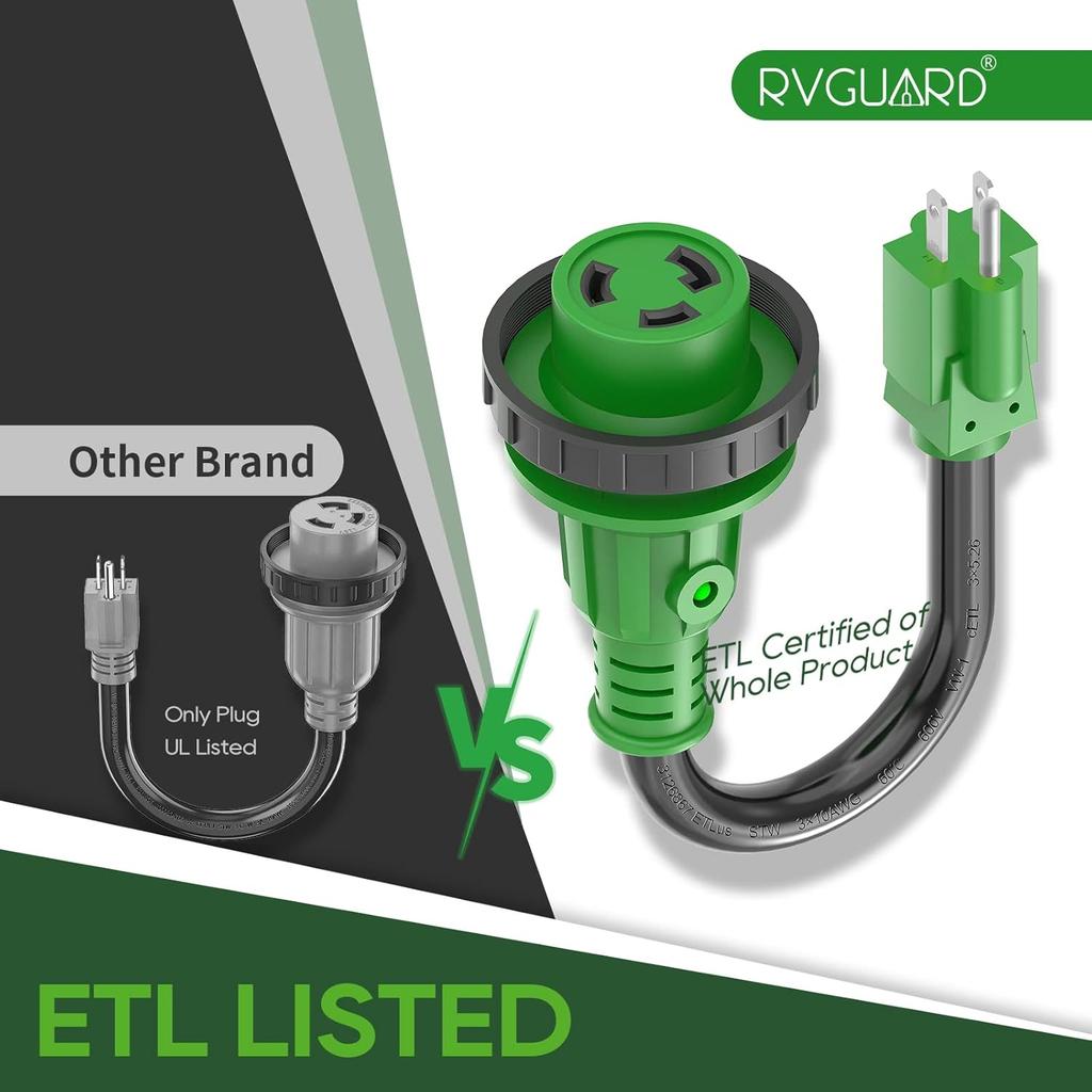 RVGUARD 30 Amp To 110 Volt RV Adapter Cord With Locking Connector 12 Inch, NEMA 5-15P To NEMA L5-30R Electrical Power Adapter With LED Power