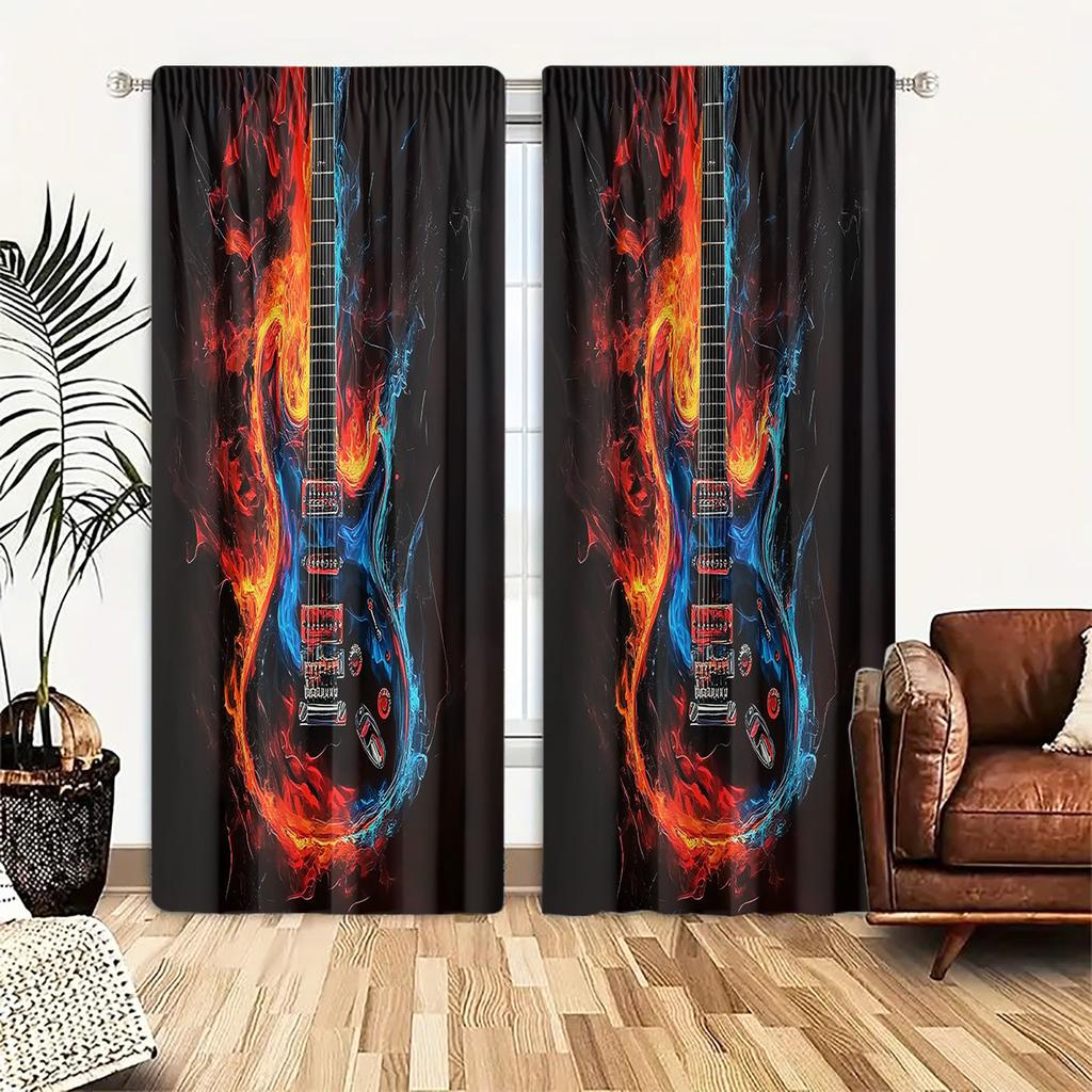 Flame Guitar Hd Print Polyester Curtains Pocket Rod Top Bedroom Living Room Office All Season Art Home Decor Made Of Window Treatment