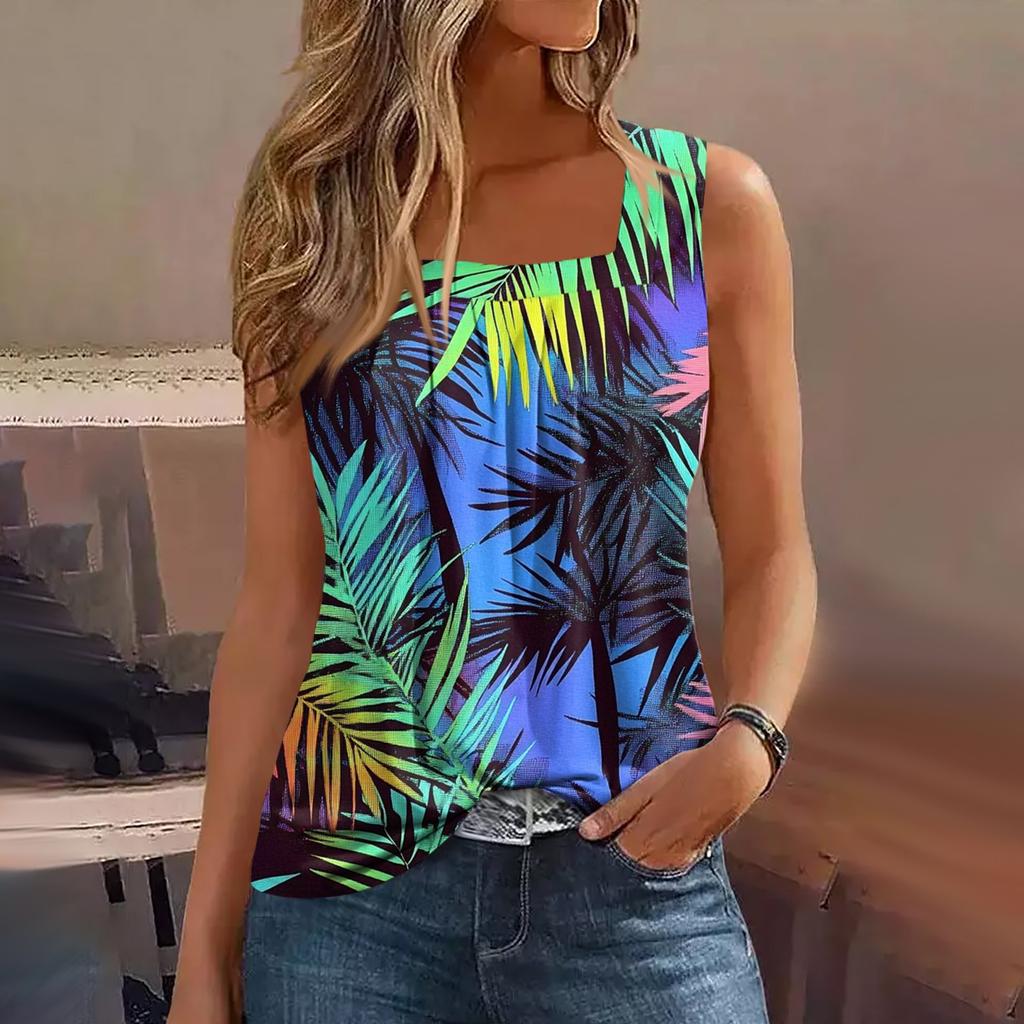 Damen Sommer Casual Plissee Quadratischer Ausschnitt Ärmelloses Tank Top Bedrucktes T-Shirt