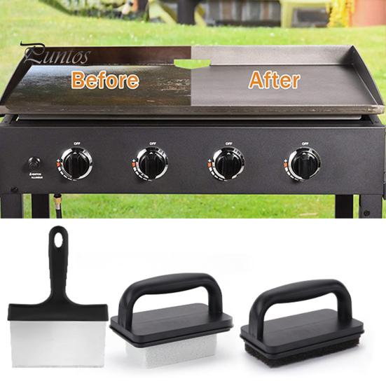 1 Set BBQ Griddle Cleaning Tool Kit with Handle Scraper Scouring Pad Pumice Stone Brush Multifunctional Barbecue Flat Top Grill Cleaner Kit