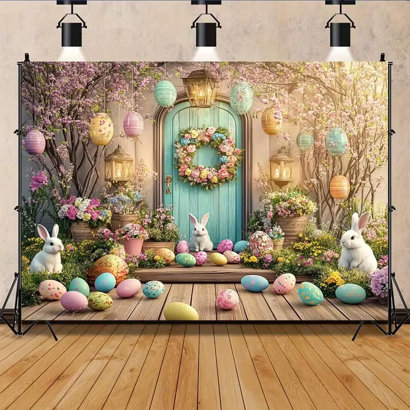 2D Cute Bunny & Colorful Eggs Backdrop Cloth Easter Home Living Room Decor