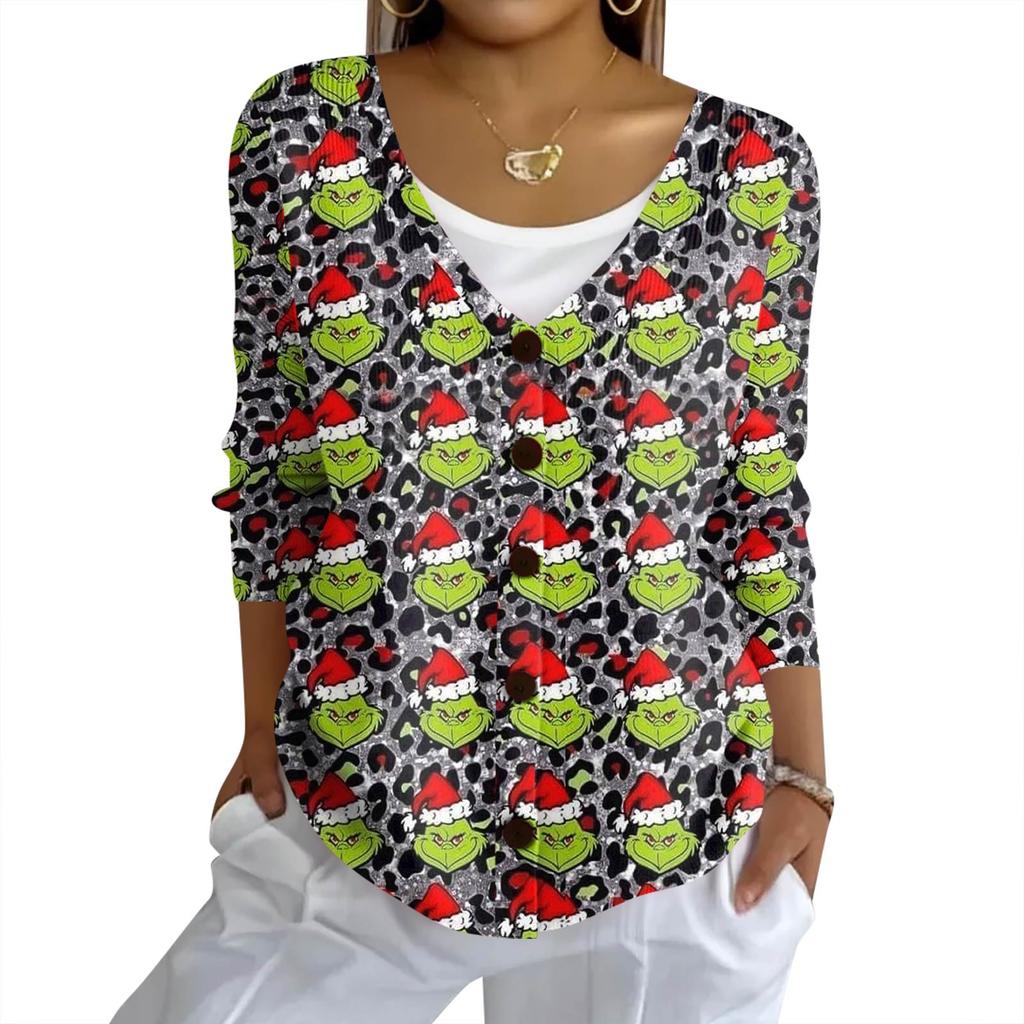 Women's Fashion Casual Knit Sweater Button-Up Christmas Print Cardigan Jacket