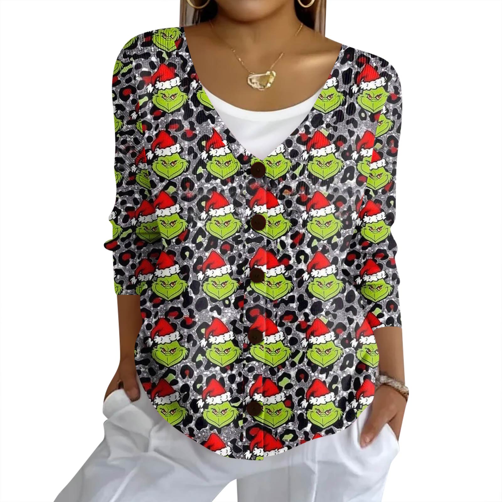 

Женский модный повседневный вязаный свитер на пуговицах, кардиган-жакет с рождественским принтом L