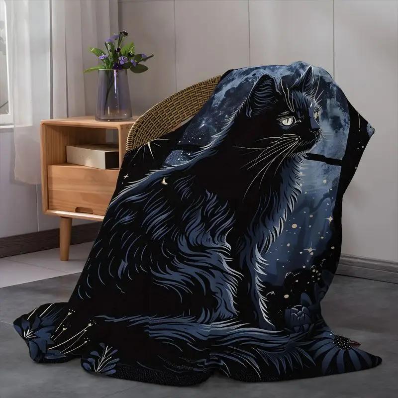 Cat Starry Sky Design Flannel Blanket - Suitable for Sofa, Travel, Bed, Camping, Office, Decoration, Multipurpose - Christmas