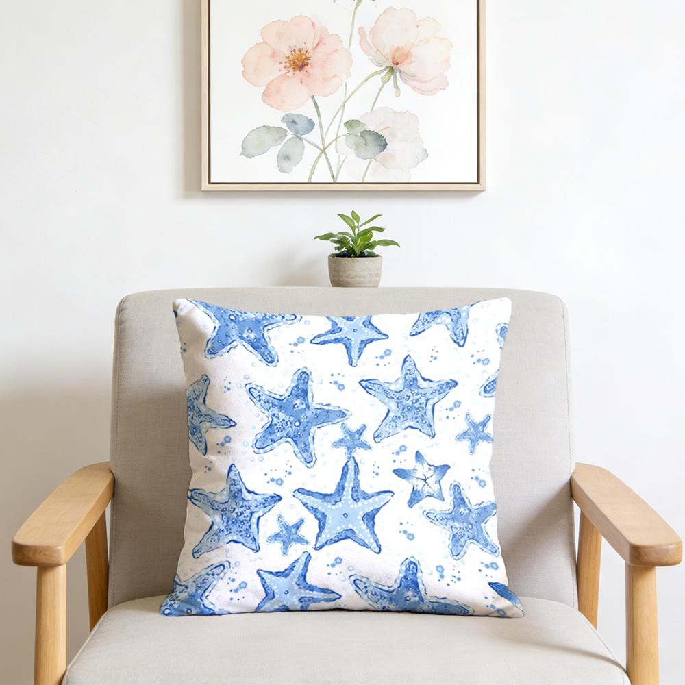 1Pcs Cushion Cover, White Background With Blue Star Patterns, Fresh And Dreamy Style, Same Print On Both Sides, Soft And Comfo