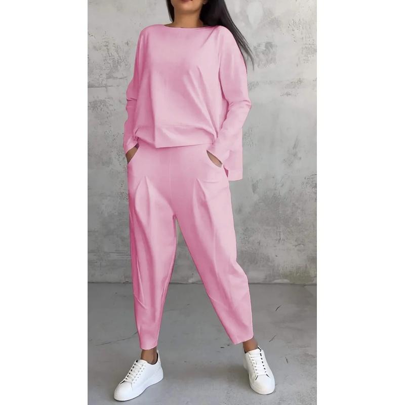 Women's Solid Color Crew Neck Long Sleeve Top & Pleated Pocket Harem Pants 2 Piece Loungewear Outfit Set
