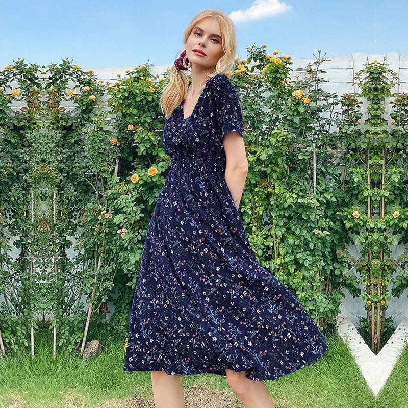 Elegant Printed Casual Beach Midi Dresses Women Summer V-neck Short Sleeve Empire Waist A-Line Dress Sundress Vestido Robes 9966