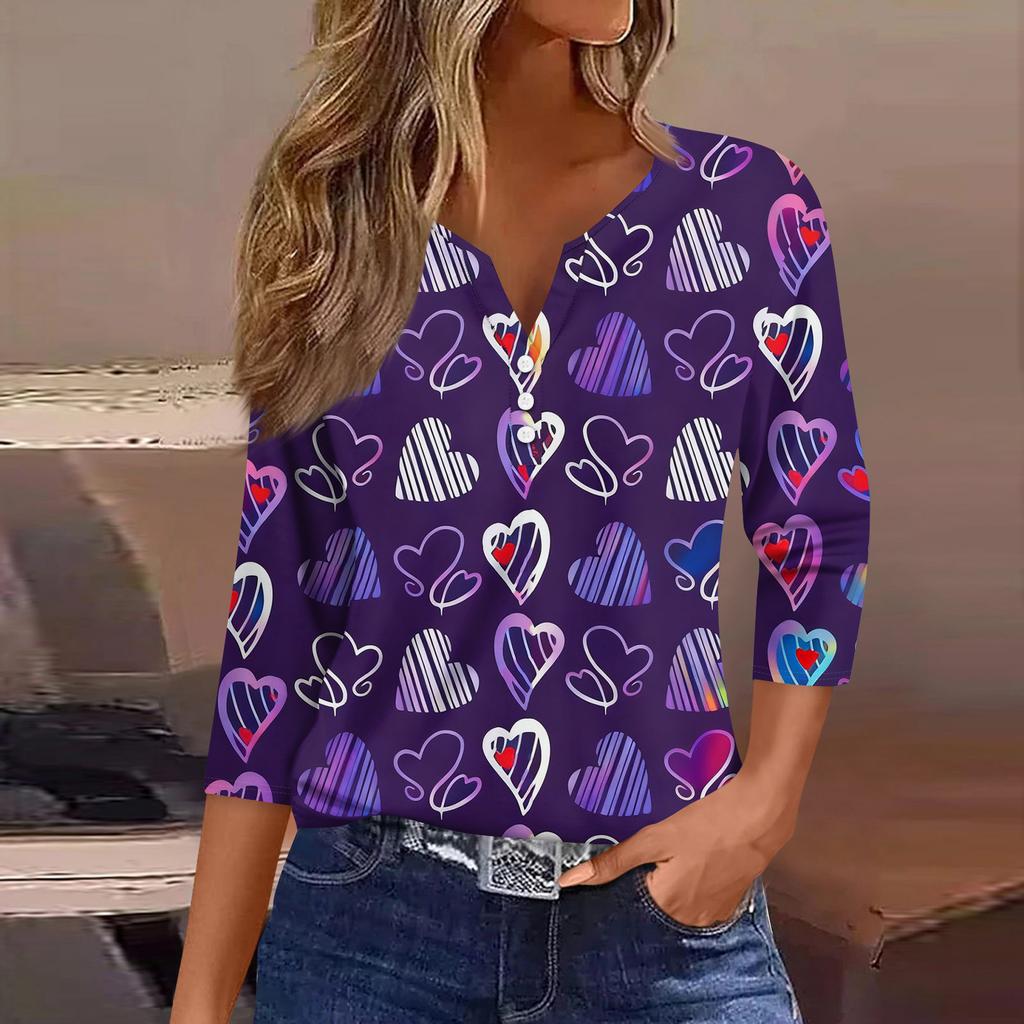 Women's Fashion Button-Up V-Neck Three-Quarter Sleeve Valentine's Day Print Top