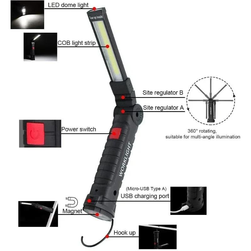 Multifunctional Folding Work Light Portable Camping Type-C Rechargeable Flashlight Built-in Battery Magnetic Lamp for Outdoor Repair Emergency Use