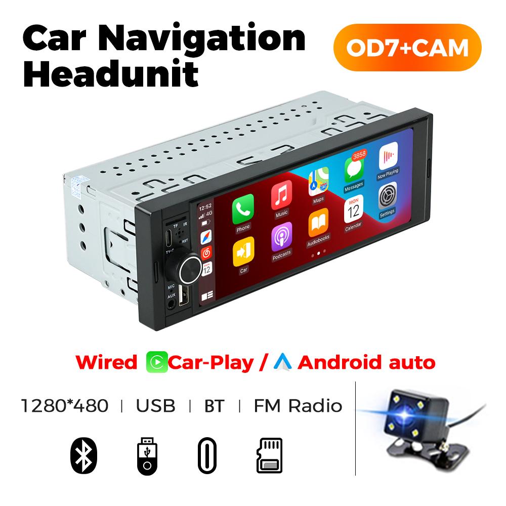 6.86'' Car Radio Wireless CarPlay 1 Din Android Auto MP5 FM Stereo USB Audio 1280*480 HD Screen Head Unit USB Type C Navigation