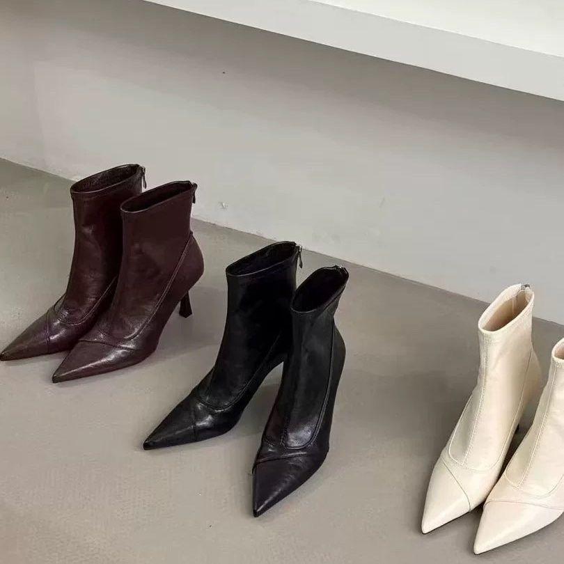 Hepburn style one-pedal thin pointed women's boots short high heels fashion boots rear zipper thin short boots