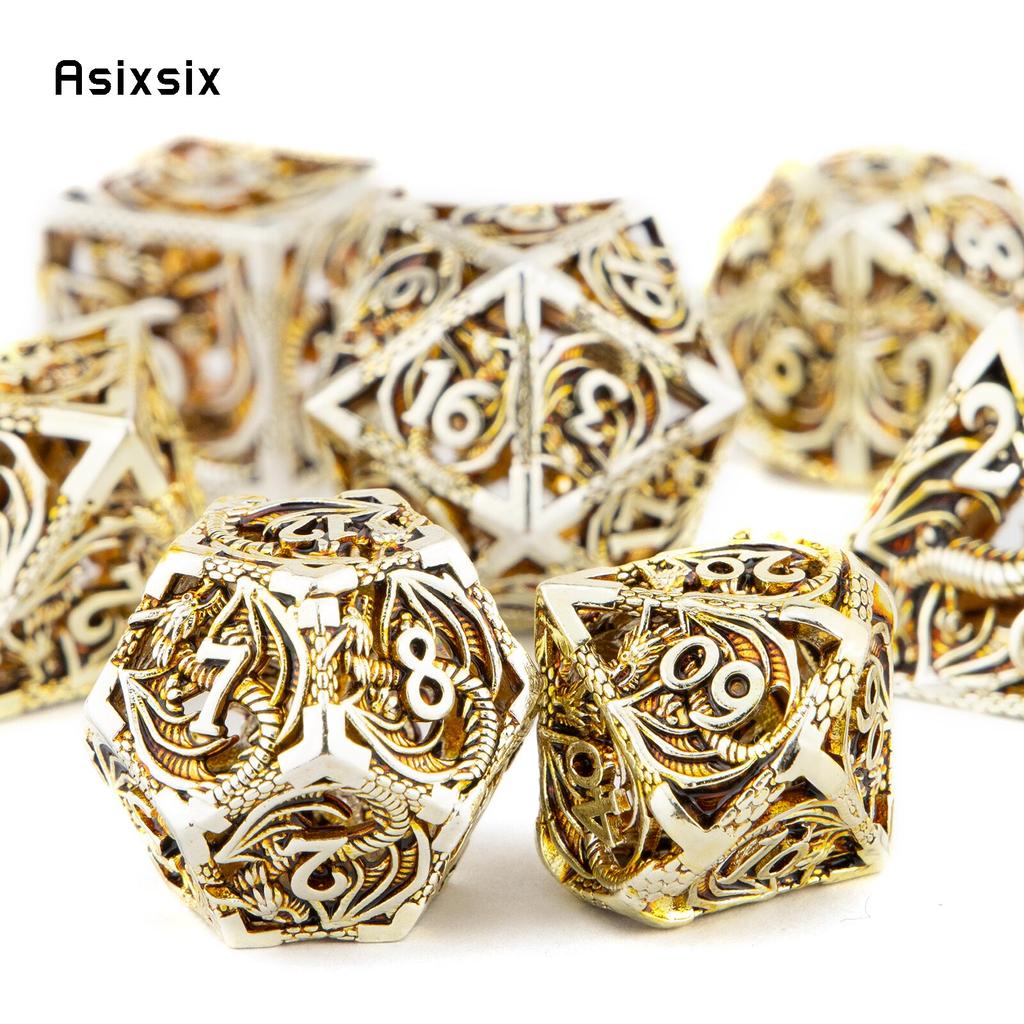 7-teiliges hellgoldenes Drache-Metallwürfel-Drachen-Hohlmetall-Polyeder-Würfelset, geeignet für Rollenspiele, RPG-Brettspiele, Kartenspiele