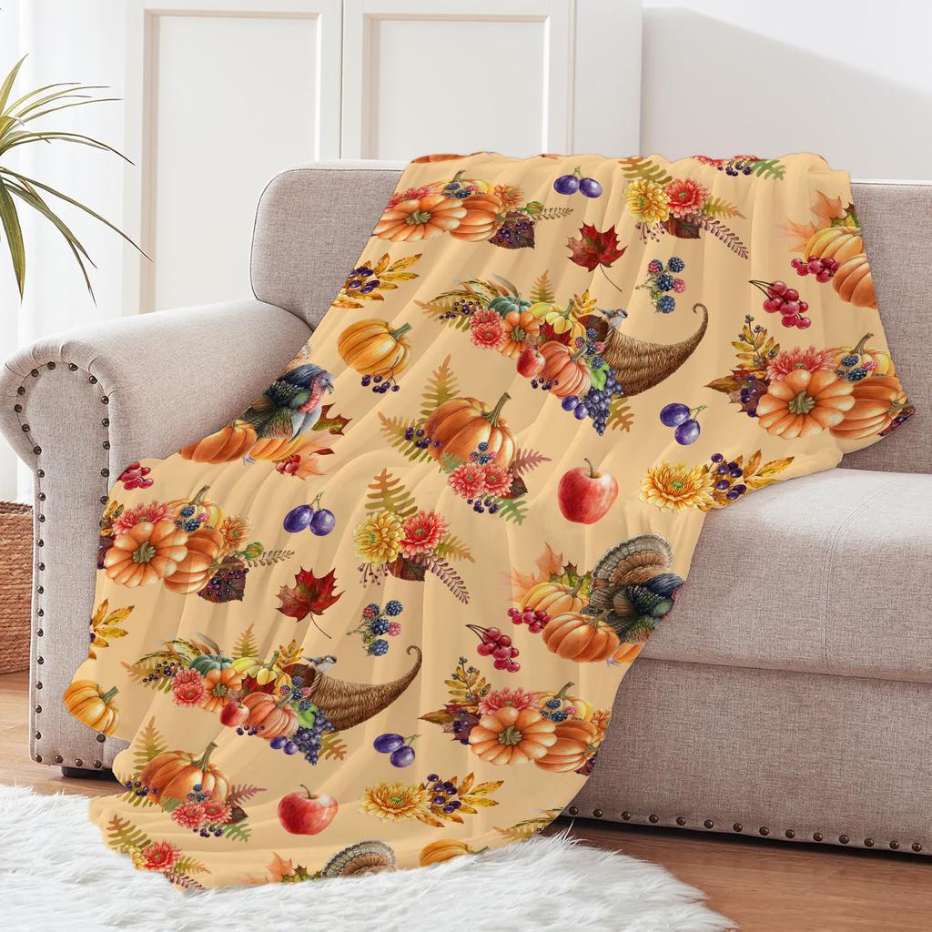 Fall Thanksgiving Throw Blanket Maple Leaf Pumpkin Flannel Print Blanket Super Soft Cozy Nap Blanket Perfect Home Gift for Her