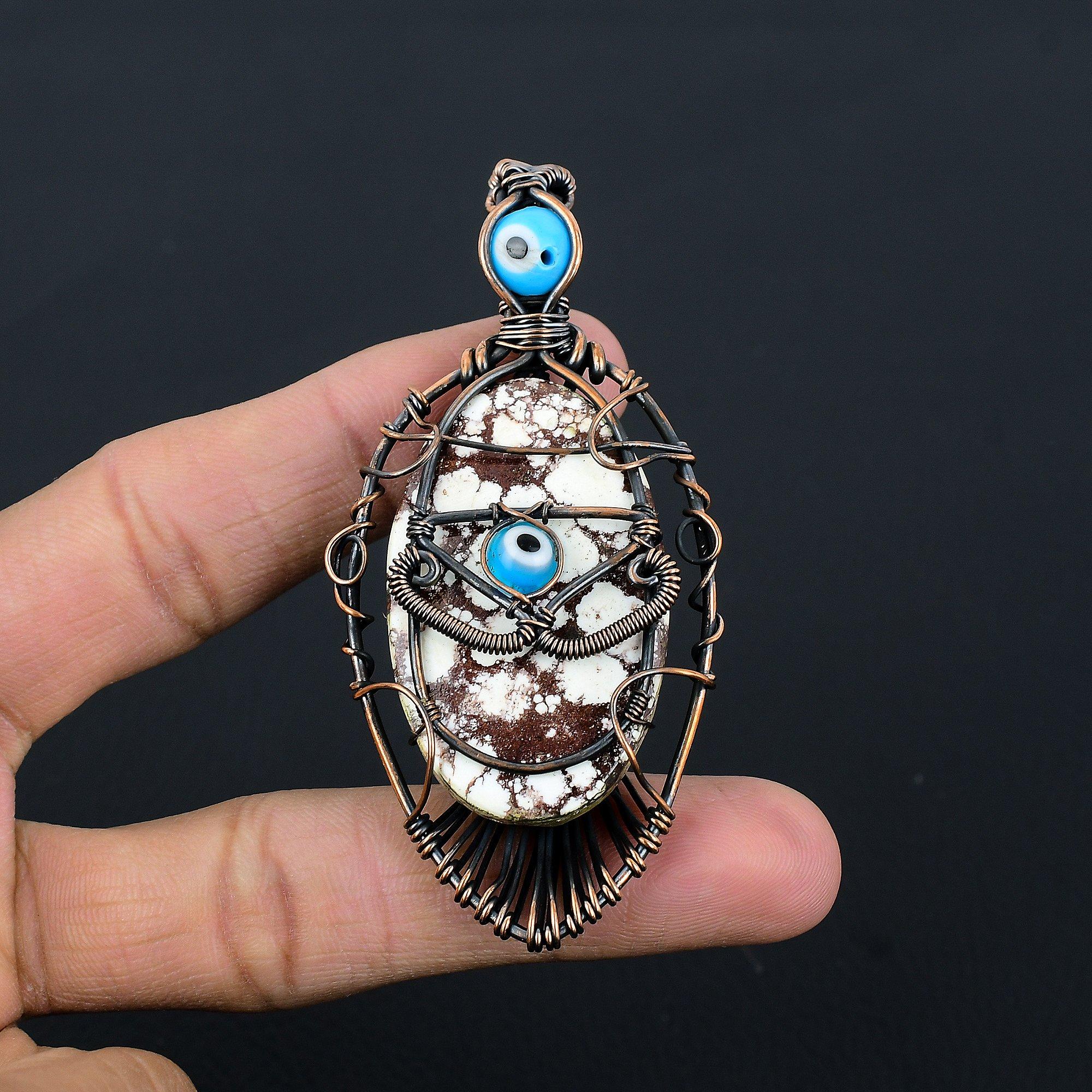 

Wild Horse & Blue Evil Eye Pendant Gemstone Jewelry, 999 Copper Wire Wrapped Handmade Pendant, Latest Design Jewelry 2.55 Inches