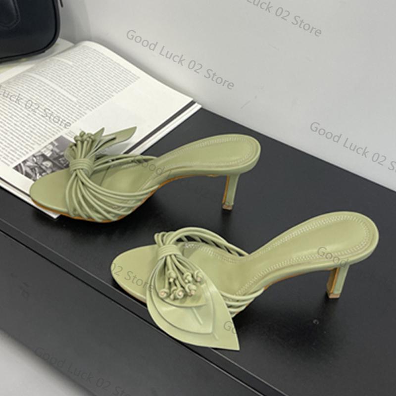 Moda 2025 Projektant Damskie Zielony Liść Wąski Pasek Letni Klapki Sandały Moda Uliczna Odkryte Palce Muły Cienki Niski Obcas Buty Wizytowe