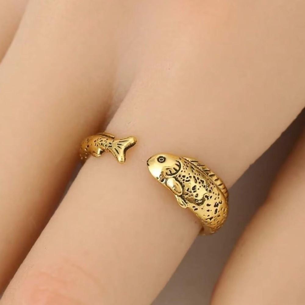 Simple Vintage Adjustable Ring Zinc Zinc Alloy Retro Open Ring Niche Fish Shaped Ring  Unisex