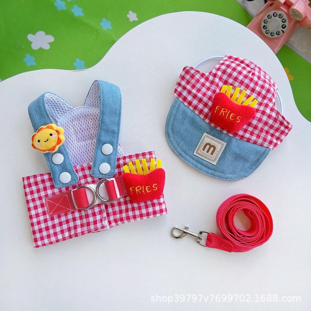 Original Spring, Summer and Autumn Pet Clothing Chest and Back Traction Rope Cat Dog Clothing Hat French Fries Traction Out Suit