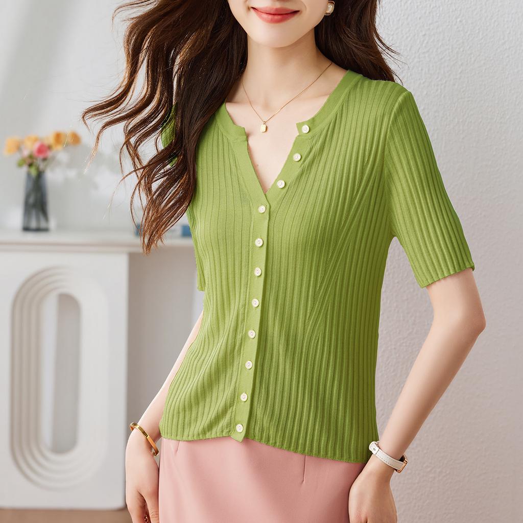 Knitted Cardigan with Mulberry Silk, Women's Thin Summer 26v Collar Shawl Cover, Slim Fit Air-conditioned T-shirt, Short Sleeved