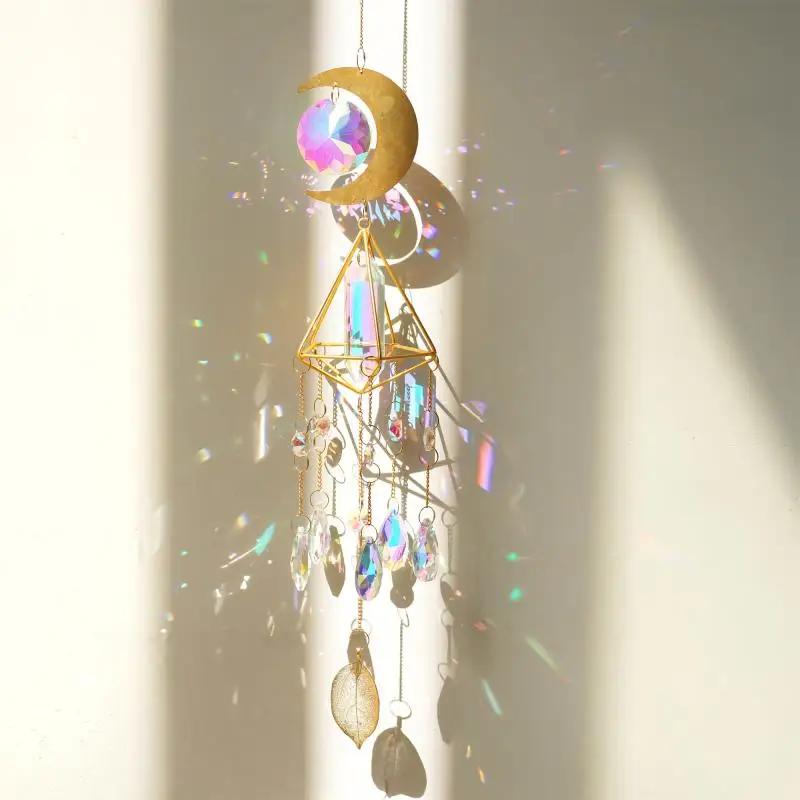 1pcs Refractive Light and Shadow Crystal Glass Wind Chimes Metal Moon Style Crystal Pendant Balcony Window Decorations  Pendants
