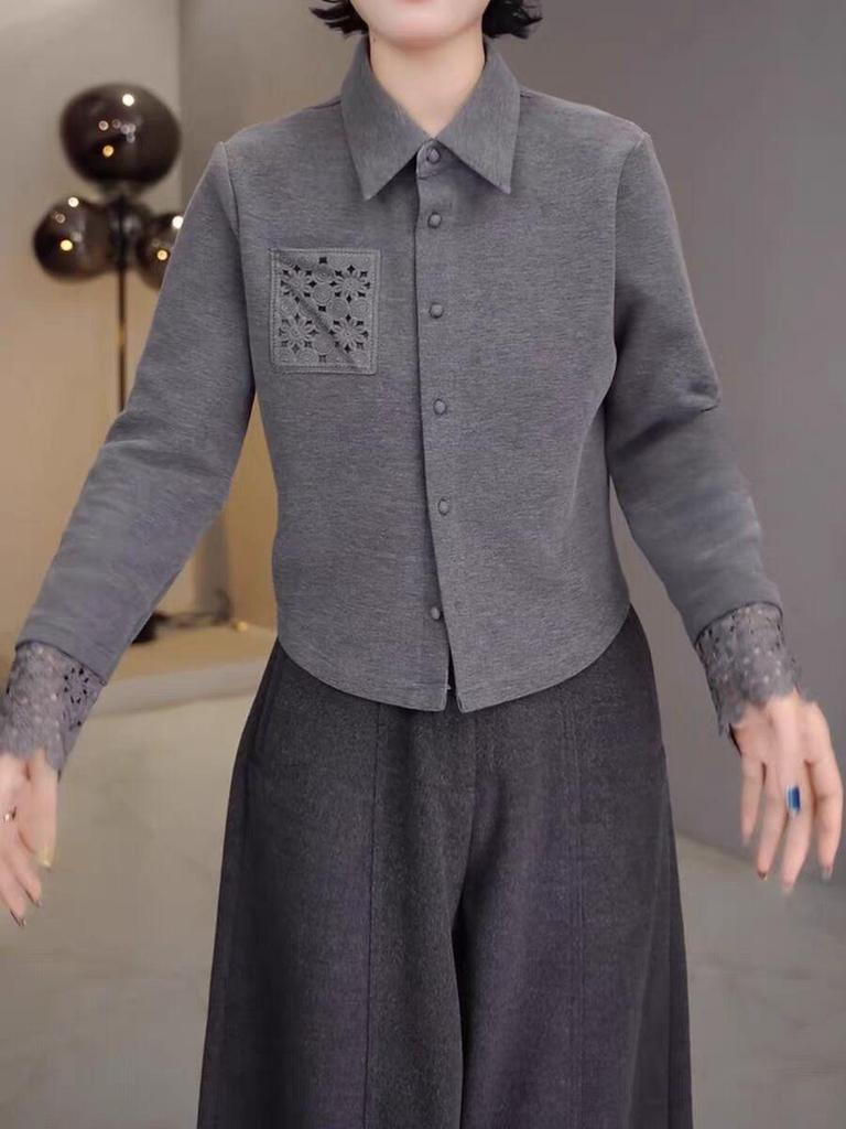 Double-Sided Velvet Lace Lapel Cardigan: Solid Color, Long Sleeve Women's Autumn/Winter Top