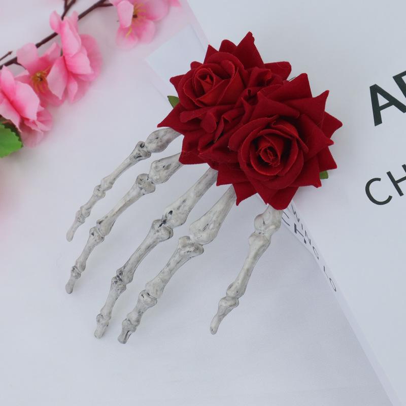Halloween skull palm headdress, gothic imitation rose lace hairpin, scary atmosphere costume props