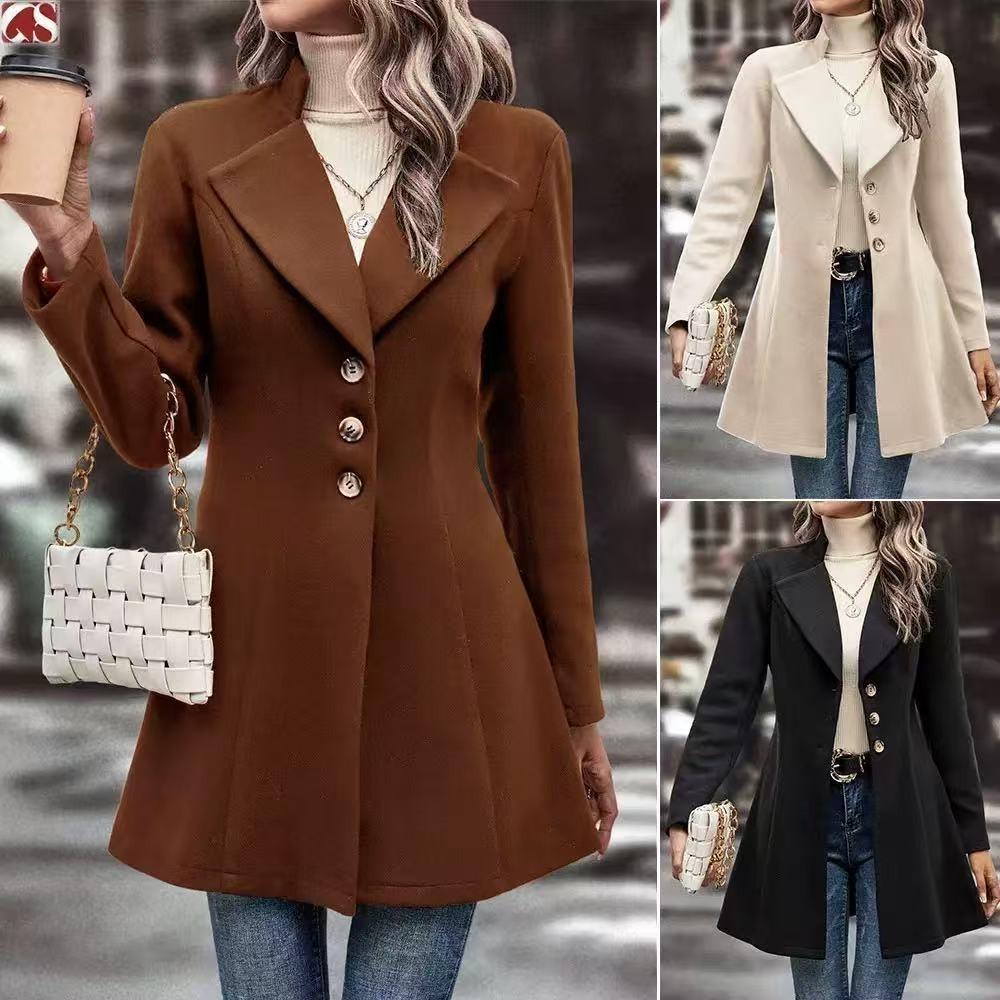 Gabardina con cuello de solapa Abrigo cortavientos para mujer Ropa entallada Mujer Capa holgada Abrigo de lana de un solo botón Prendas de abrigo