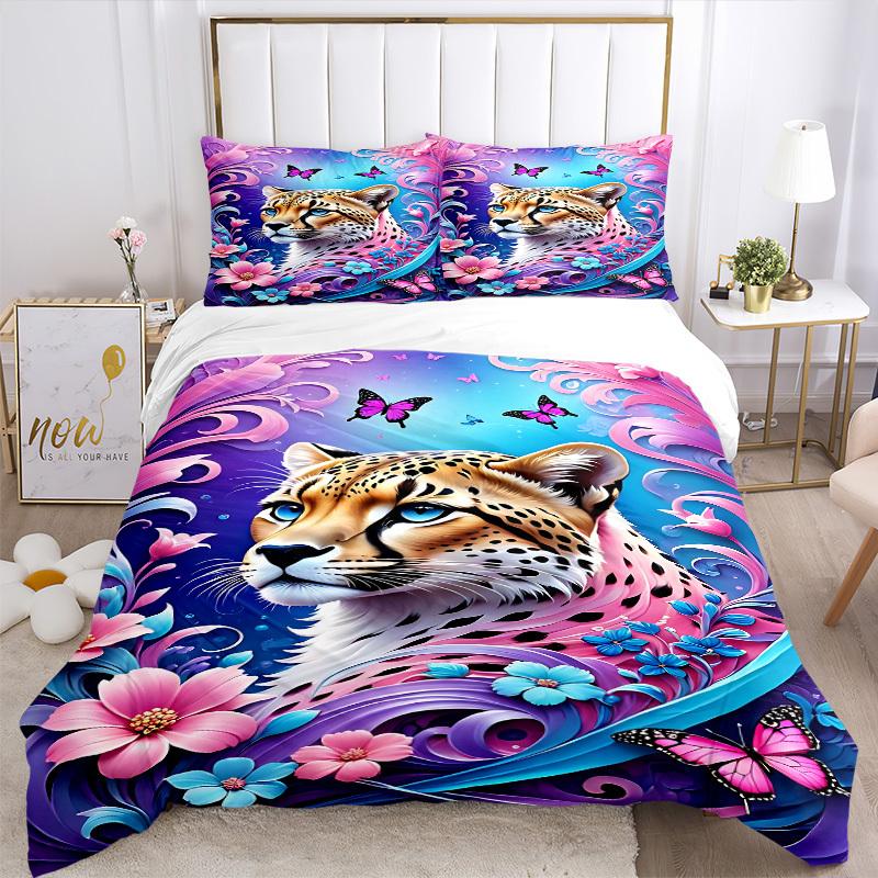 3pcs Cheetah Art Print Bedding Set - 1 Duvet Cover + 2 Pillowcases(Core Not Included), Machine Washable Polyester Yy251216184