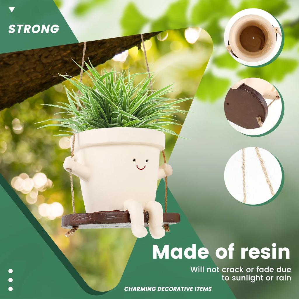 2Pcs Cute Hanging Swing Pot Decorative Hanging Swing Planter Portable Resin Head Planter Charming Swing for Gardens