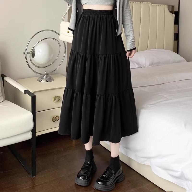 

Spring/Summer Women s High-Waist Pleated Midi Skirt - Slimming A-line Fairy Style XL