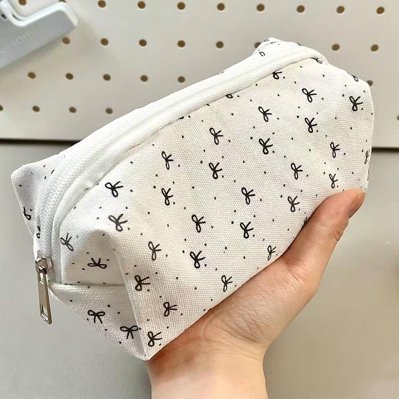 Canvas Pencil Case Cute Mini Bow Print And Large Capacity Smooth Zipper For Students School Daily Stationery Storage