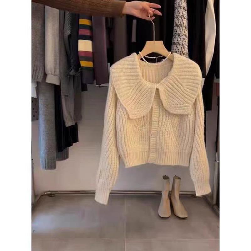 Fashion Elegant Doll Collar Knitted Cardigan Women Sweater Autumn/winter Casual Lapel Loose Coats Long Sleeved Jacket Sweet Simple Solid Top
