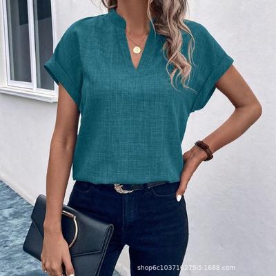 Summer New Women's Simple and Fashionable V-neck Short-sleeved Linen Shirt Shirt