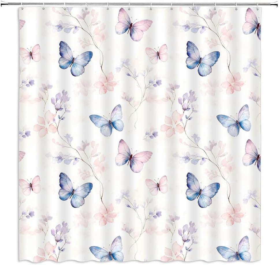 

Butterfly Shower Curtain Watercolor Floral Leaves Wild Animals Rustic Wildflower Aesthetic Women Girls Bathroom Decor Polyester W60H190(CM)-1 Pcs