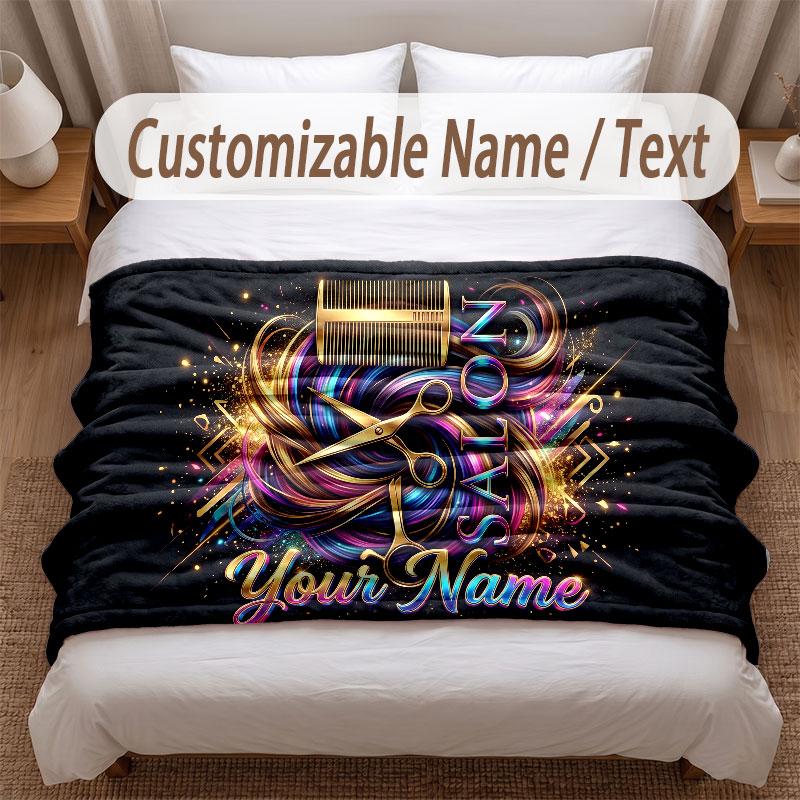 Barber Salon Theme Soft Blanket Personalized Custom Name Text Print Warm Blanket Home Sofa Bedroom Decor