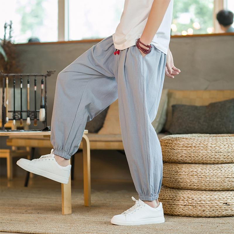Spring  Men's Cotton and Hemp Pants Loose Drawstring Lantern Pants Haren Pants Japanese Casual Pants