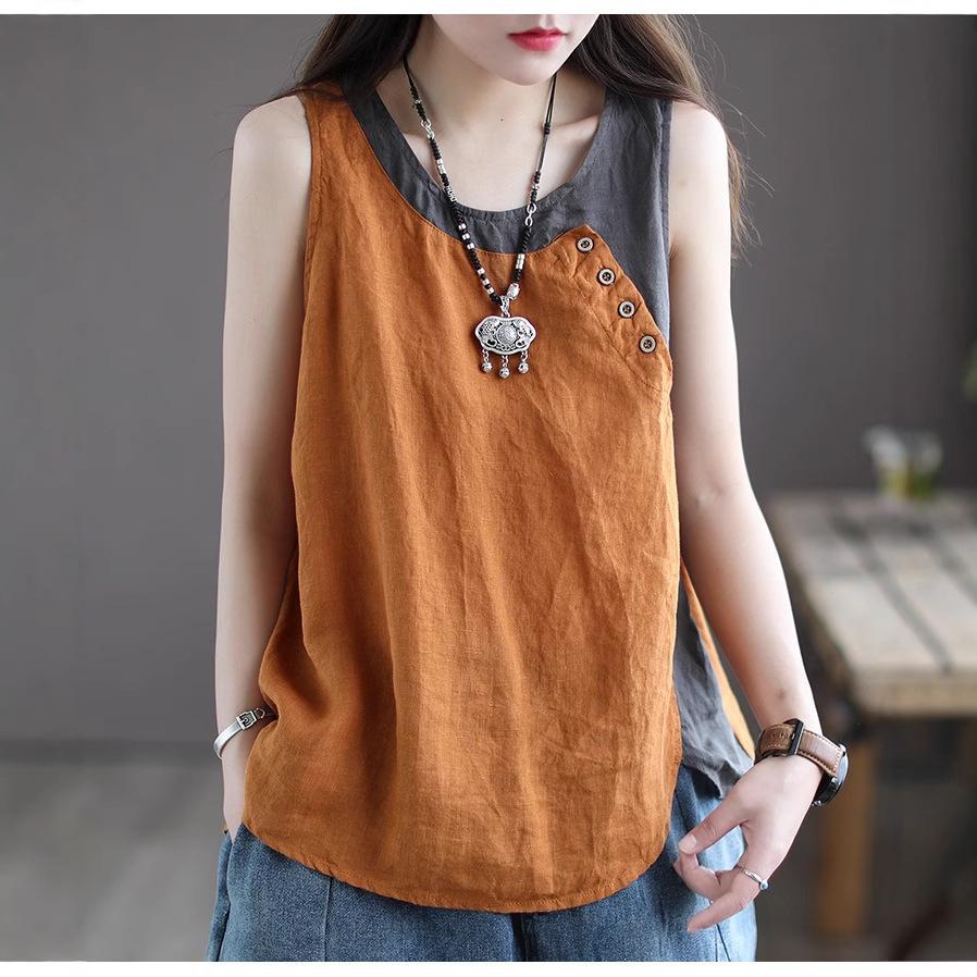 Women's Plus Size Casual Sleeveless Tank Top with Contrast Color Patchwork and Button Detail