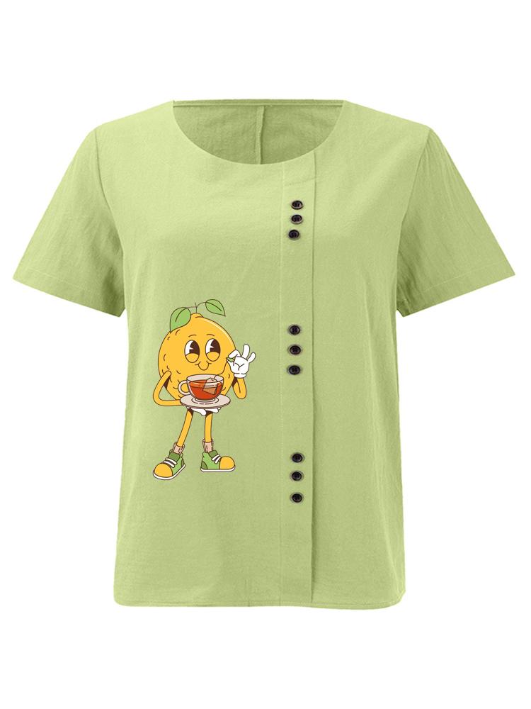 Women's Fashion Humanoid Lemon Print Shot Sleeve T-shirt Loose Cotton Shirt Casual Loose Summer Blouse Tops Plus Size