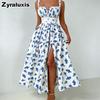 Summer New Low-Neck Tie-Up Ruffled High Waist Fresh Sweet Fruit Print Dress
