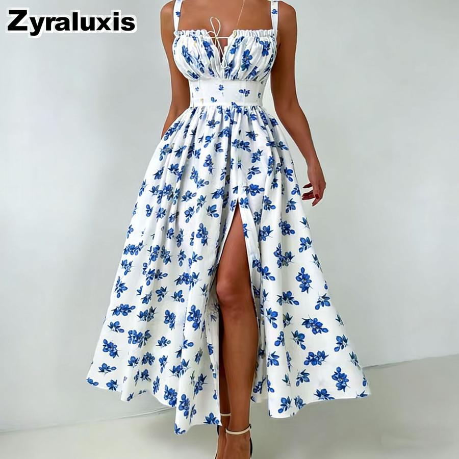 Summer New Low-Neck Tie-Up Ruffled High Waist Fresh Sweet Fruit Print Dress