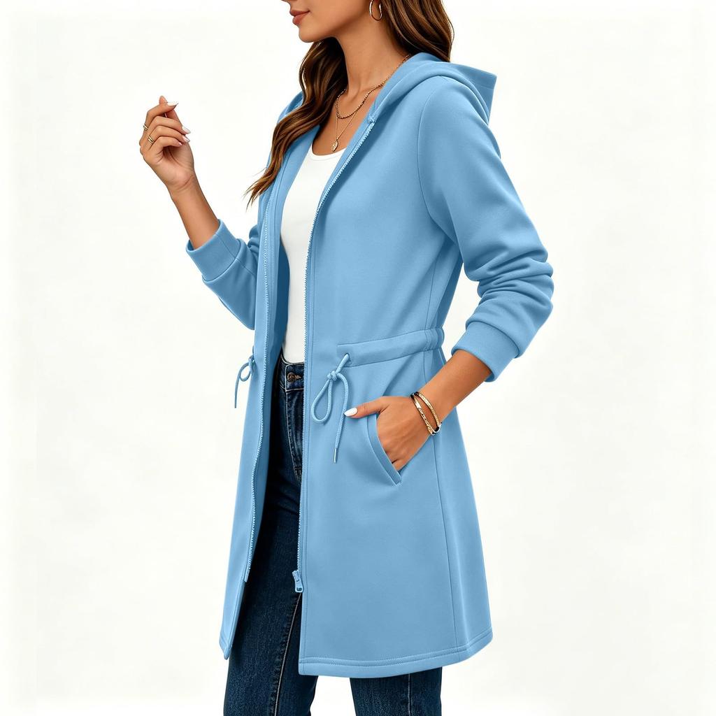 Damen Langarm Kapuzenpullover mit Kordelzug in der Taille für Herbst und Winter
