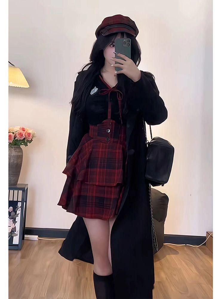 Plus Size Women's JK Style Uniform Set - Waist-Hugging Puffy Skirt & Slimming Shirt Top Duo