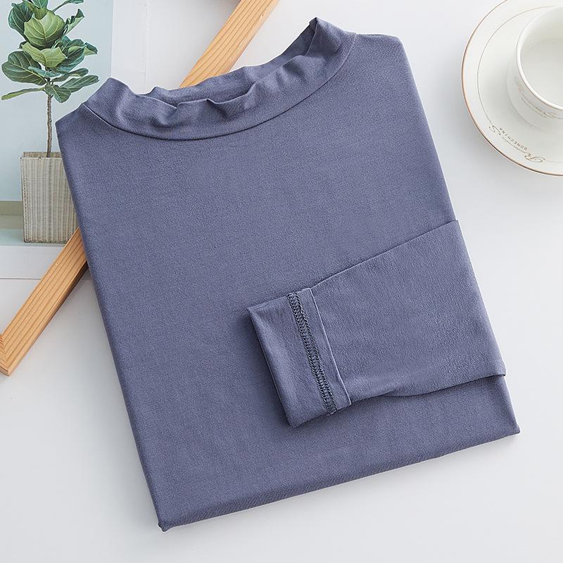 

Женская модальная футболка с высоким воротом и длинным рукавом - корейский стиль, свободный крой, большой размер, идеально подходит для осени/зимы. XXL синий