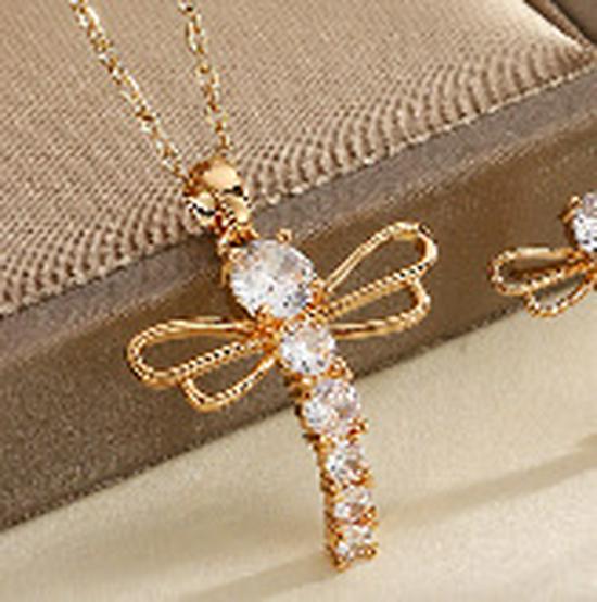 Elegantes Libellen Zirkonia Halsketten- & Ohrring-Set - Nischen-Design, Leichter Luxus Zweiteilig