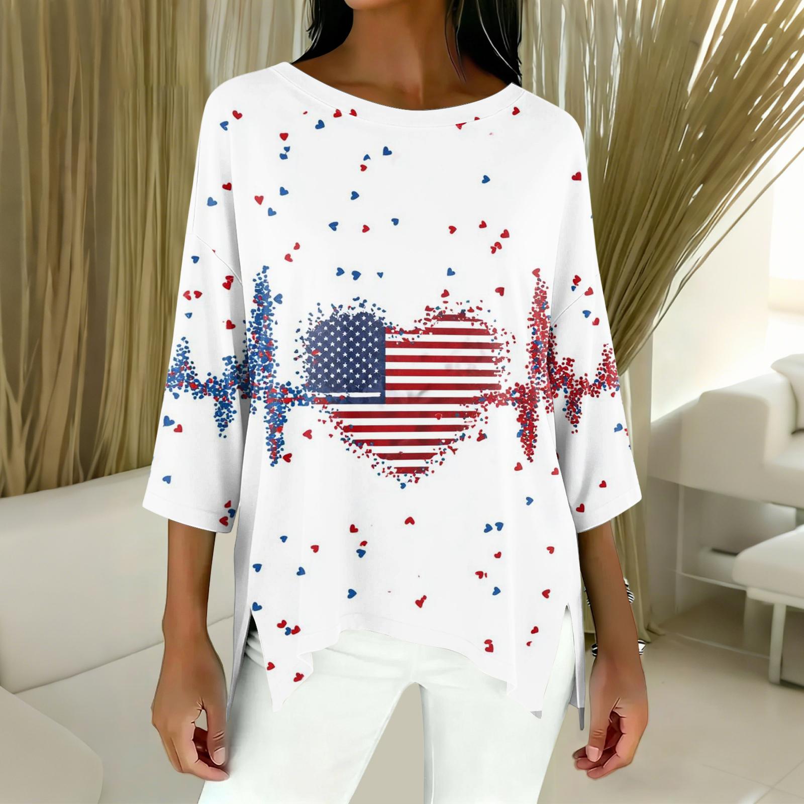 Women s Fashion Independence Day Print Three-Quarter Sleeve Top L