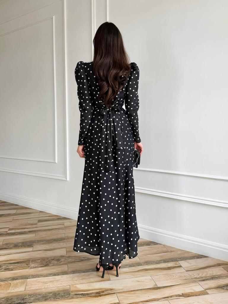 2026 Spring/Summer European and American Slimming V-neck Polka Dot Dress with Long Sleeves