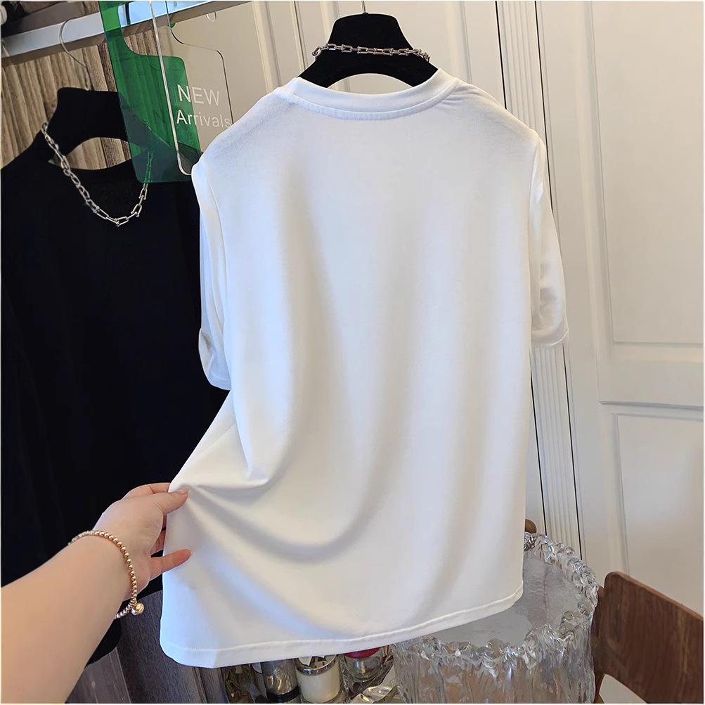 European Style Women's Cotton Faux Two-Piece Short Sleeve Top - Summer Loose Fit, Plus Size, Solid Color, Chic Design (2025)