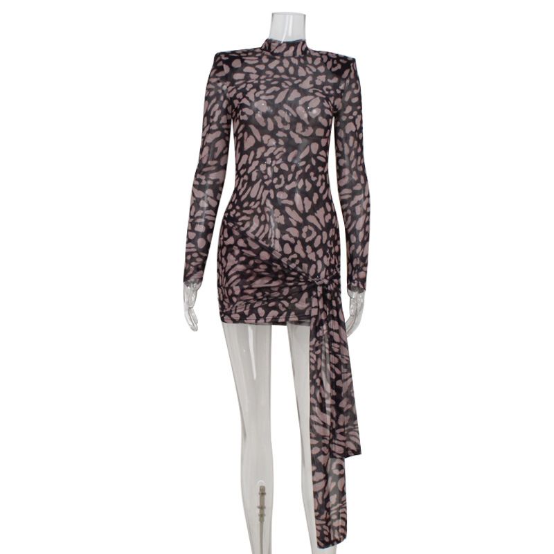 

Outfitgir7 Leopard Print Printed Mesh See-through Dress Sexy Sexy Slim-Fit Nightclub Slimming Hip Skirt Brown L